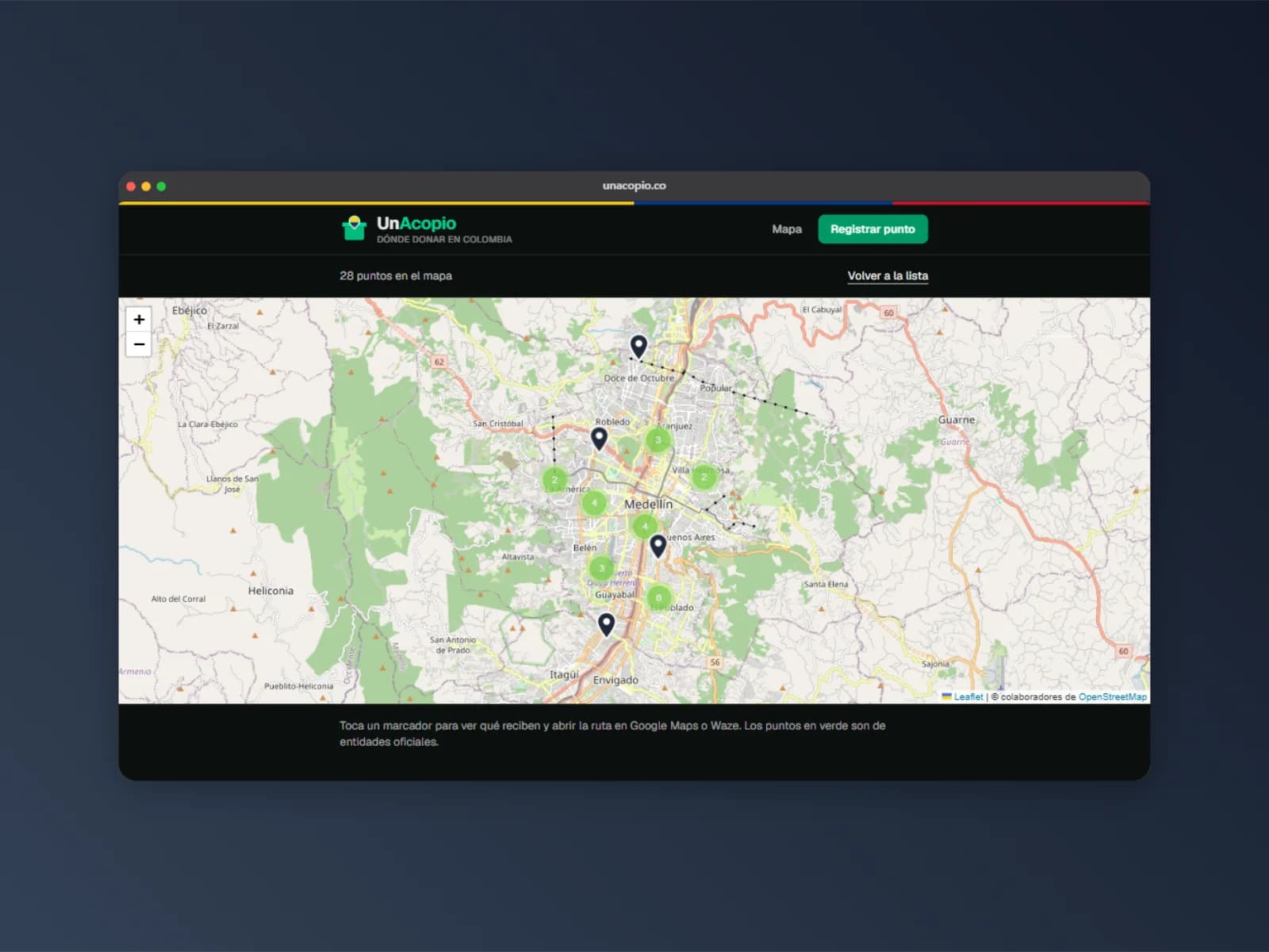 The map view: 28 collection points across Medellín, clustered by area, each pin opening what that point receives and a route in Google Maps or Waze.